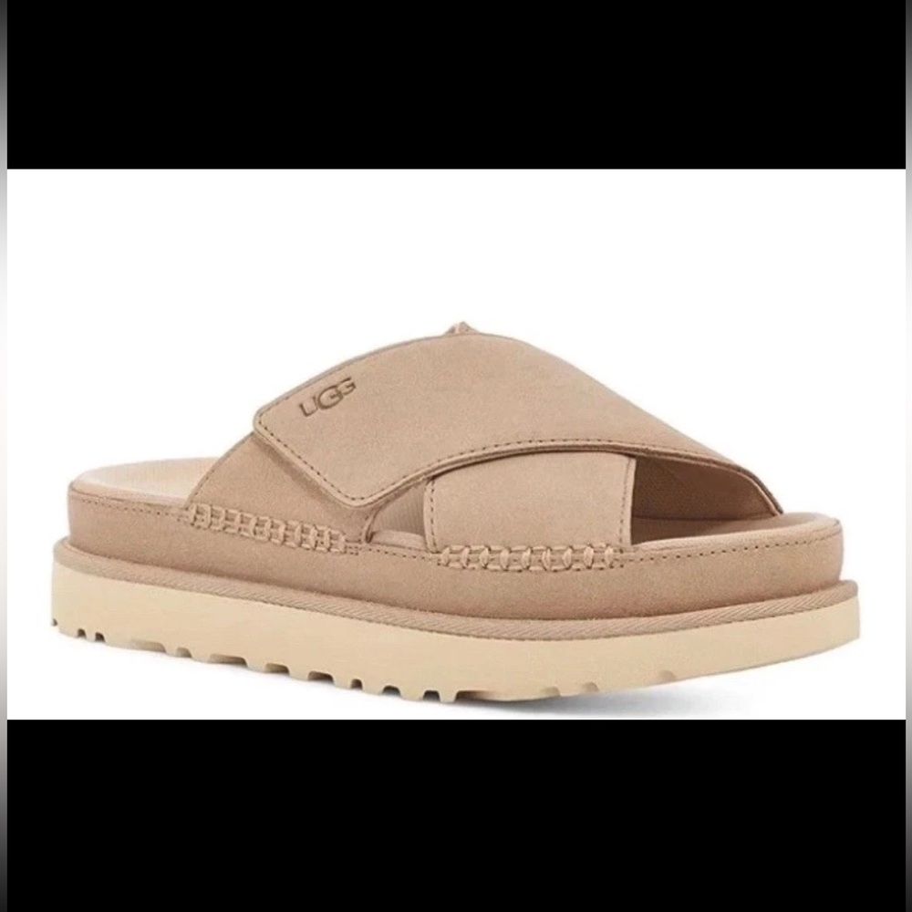 New Women’s Size 12 UGG Goldenstar Cross Slide Driftwood Brown Platform Sandal